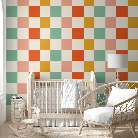 Bright Colorful Retro Checkerboard Pattern  Wallpaper Retro Wall Paint, Retro Accent Wall, Multicolored Wallpaper, 1950s Home, House Flipper, Wall Paint Ideas, Mojo Dojo Casa House, Stripe Wall, House Flippers