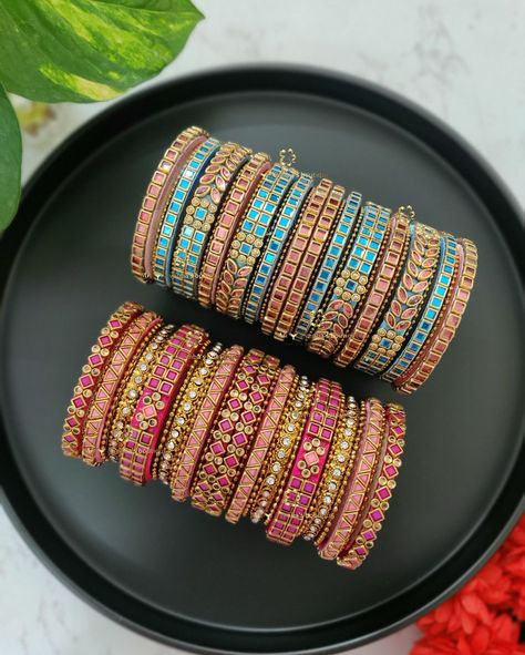 ✨ Exquisite customized Kundan bangles - the perfect match for your silk saree 💕 ⚜️ Set 1 :: Pastel pink with Pastel blue bridal kundan… | Instagram Bangle Collection, Silk Thread Bangles Design, Thread Bangles Design, Long Gown Design, Kundan Bangles, Bridal Packages, Silk Thread Bangles, Return Gifts, Thread Bangles