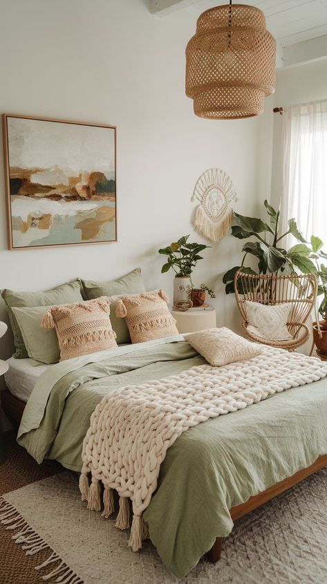 For those craving a laid-back, cozy vibe, a sage green bedroom aesthetic boho style is the way to go. Combine sage green bedding with layered textures, woven baskets, and rattan decor for a space that feels effortlessly stylish. Throw in some plants and oak furniture to complete the boho dream!
​
​Click to view 15 more sage green bedroom ideas with sage green accent walls, sage and terracotta / rust bedding and more. Bedroom Decor Green Bed, Bedroom Ideas With Sage Green, Sage And Rust Bedroom, Rust And Green Bedroom, Sage Green Bedroom Aesthetic, Boho Sage Green Bedroom, Sage And Terracotta, Rust Bedding, Sage Green Boho Bedroom