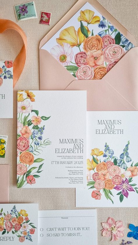 Pastel Wedding Invites, Wild Flower Wedding Invitations, Spring Wedding Invites, Colourful Wedding Invitations, Wedding Invitations Flowers, Garden Party Wedding Invitations, Watercolour Wedding Invitations, Maximalist Wedding, Pastel Wedding Invitations