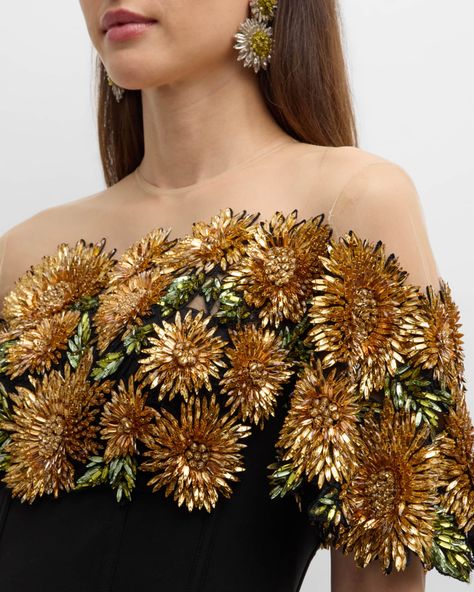 Lela Rose Crystal Bodice Off-The-Shoulder Illusion Column Gown | Neiman Marcus Beaded Embroidery Designs, Embroidery Sleeve Designs, Sunflower Gown, Embroidered Sunflowers, Gown Embroidery, Couture Embellishment, Couture Beading, Sunflower Embroidery, Full Sleeves Dress