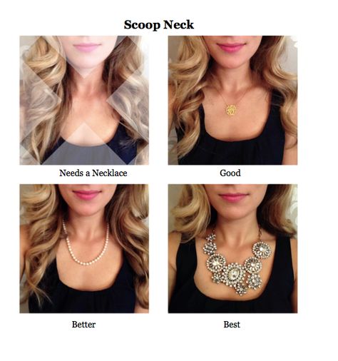 2 Necklace For Scoop Neckline, Necklaces With Necklines, Shape Theory, Neckline Necklace Guide, Contrast Hair, High Neck Evening Gown, Necklace For Neckline, V Neck Black Dress, Necklace Guide