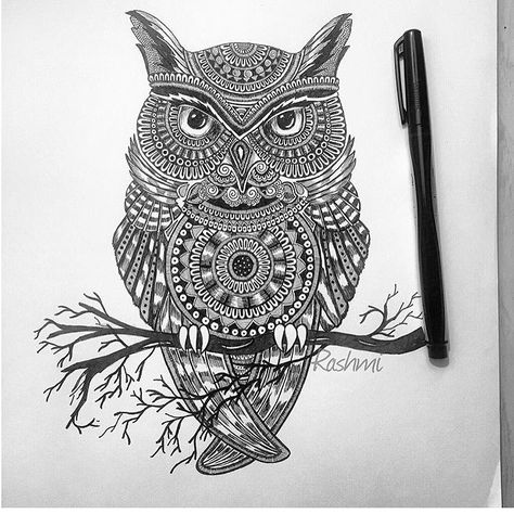 Owl. Calm and Serenity in Balanced Pen drawings. To see more art and information about Rashmi Krishnappa click the image. Owl Mandala Drawing, Owl Mandala Art, Mandala Owl, Owl Mandala, Zentangle Animals, Art Zentangle, Owl Posters, Owl Coloring Pages, Owl Art Print