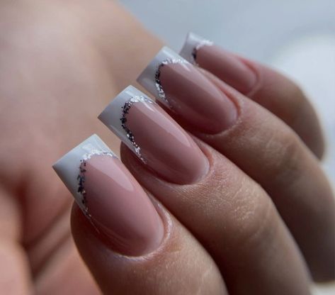 French nails with silver glitter. Don’t forget to follow me + save for support! French Nails With Silver Glitter, Nokti Za Krizmu, French Nails With Silver, French Nails Silver, Silver French Nails, Silver Sparkly Nails, Long French Tip Nails, Nails With Silver Glitter, Sliver Nails