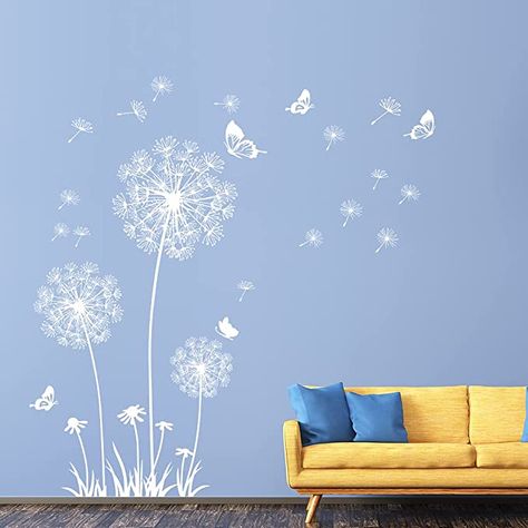 Tv Wall Decor Bedroom, Sofa Backdrop, Dandelion Wall Decal, Backdrop Tv, Dandelion Wall Art, Creative Wall Painting, House Wall Design, Butterfly Wall Decals, White Dandelion