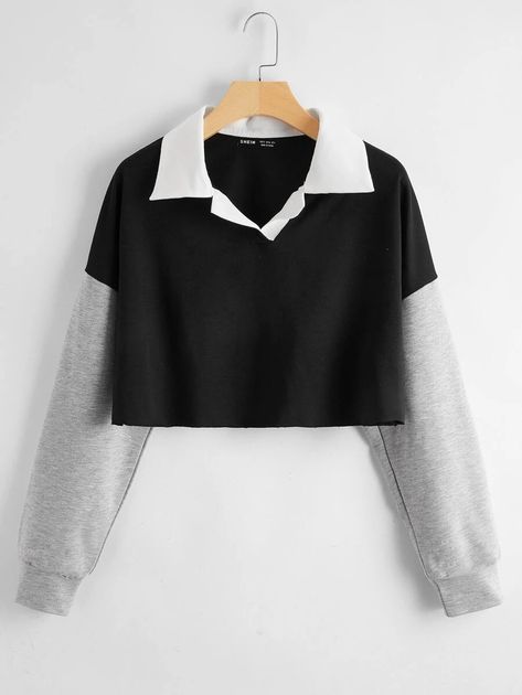 Drop Shoulder Colorblock Sweatshirt | SHEIN USA Black Crop Sweater, Colorblock Sweatshirt, Black And White Sweater, Stylish Hoodies, Women Sweatshirts, Color Block Sweatshirt, Kawaii Fashion Outfits, Fashionista Clothes, Crop Sweater