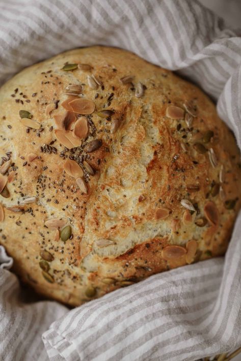 Bread Recipes With Seeds, Dutch Oven Bread Recipes Quick, Crusty Bread Recipe Dutch Oven, Multi Seed Bread Recipe, Oven Bread Recipes, Dutch Oven Bread Recipes, No Knead Dutch Oven Bread, Dutch Oven Bread Recipe, Spelt Bread Recipe