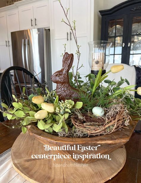 How To Create A Beautiful Easter Centerpiece Arrangement * Hip & Humble Style Hip And Humble Style, Elegant Easter Table Decor, Easter Table Centerpieces Diy, Dough Bowl Centerpiece Spring, Easter Dough Bowl Centerpiece, Easter Centerpieces Table, Easter Coffee Table Decor, Easter Table Scape, Easter Dining Table Decor