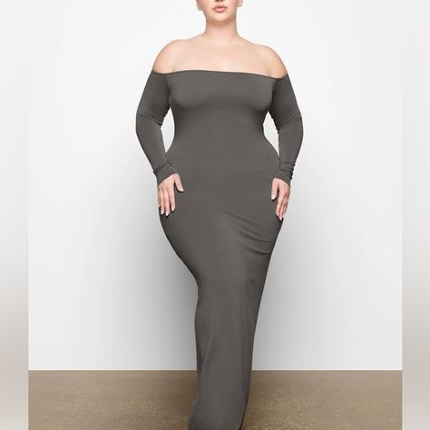 Skims Smooth Lounge Off The Shoulder Dress 4x Ap-Drs-2047 Color: Gunmetal New With Tags Long Sleeve Open Back Dress, Slip Dresses, Open Back Dress, Fashion Mood Board, Form Fitting Dress, Silk Slip Dress, Open Back Dresses, Off The Shoulder Dress, Long Sleeve Maxi