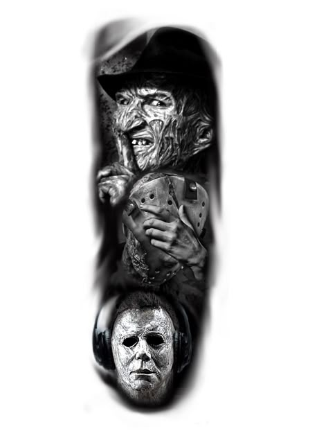 Horror Collage Tattoo, Scary Movie Tattoos Leg Sleeve, Freddy Jason Michael Tattoo, Scary Knee Tattoo, Scary Movies Tattoos, Omerta Tattoo Design, Freddy Krueger Tattoo Design, Horror Film Tattoo, Horror Leg Sleeve Tattoo