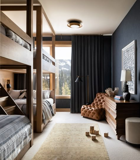 Mountain Bunk Room, Modern Mountain Design, Cabin Bunk Room, Bunk Room Ideas, Yellowstone Club, Tahoe House, Colorado House, Big Sky Montana, Bunk Rooms