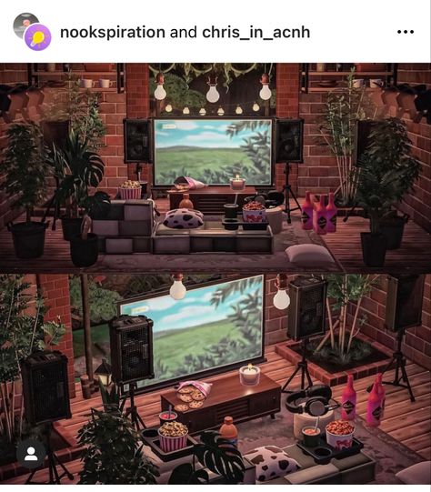 Acnh Gaming Room, Acnh Living Rooms Ideas, Animal Crossing Movie, Basement Movie Theater, Cool Fish Tanks, Autumn Interior, Animal Crossing Wild World, Home Ac, Cool Fish