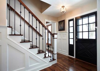 Love the stairs and side glass along the doorway. I envision we could have a staircase like this with an opening into the addition side (but not the wall on the other side) Center Hall Colonial Foyer, Colonial Front Door Ideas, Colonial Foyer, Colonial Front Door, Colonial Renovation, Colonial Remodel, Front Door Ideas, Colonial Home Decor, Center Hall Colonial