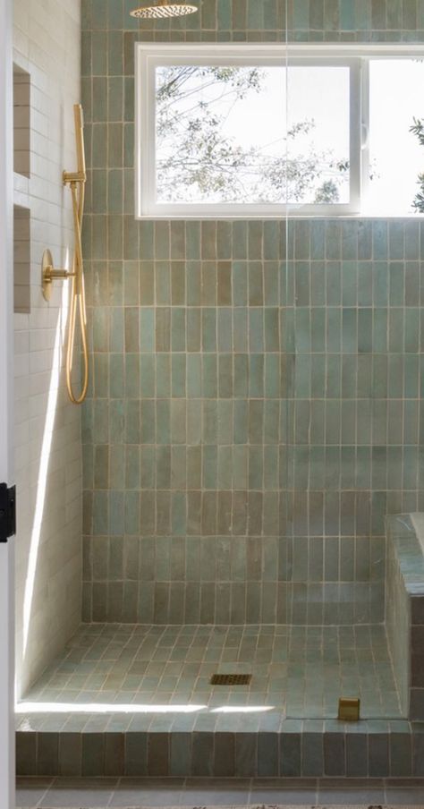 Bathroom With Green Shower Tile, Seafoam Shower Tile, En Suite Tiling Ideas, Green Tile Shower Wall, Green Shower Tile Bathroom, Moody Modernism, Vertical Tile Shower Ideas, Mc Bathroom, Green Shower Tile