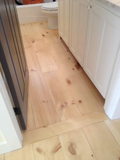 Pine Board Floors Wide Plank, Bathroom With Pine Floor, Wood Floor Threshold Transition, Hardwood Transition Between Rooms, White Pine Flooring, Wide Plank Wood Floors Farmhouse, Flooring Transitions Between Rooms, 2 Different Wood Floors Transition, Hardwood Floor Transitions Between Rooms