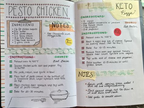 Recipe Notes Design, Aesthetic Recipes Notes Dinner, Scrapbook Recipe Book Diy, Bullet Journal Recipes Layout, Handmade Recipe Book Ideas, Bujo Recipes, Recipe Notebook Ideas, Homemade Recipe Book Diy, Recipe Journal Ideas Layout