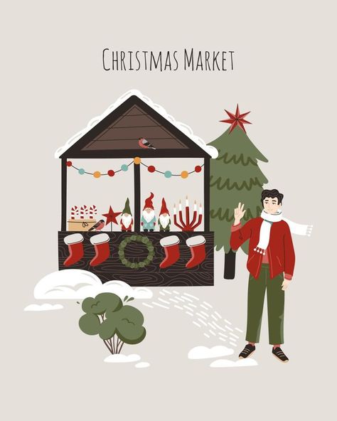 Concept of Christmas market stall with happy man. Winter illustration for poster, card, print, design. Christmas Market Art, Christmas Poster Illustration, Christmas Market Poster, Winter Illustration Design, Christmas Market Illustration, Stall Illustration, Christmas Cards Illustration, Graphics Aesthetic, Winter Graphics