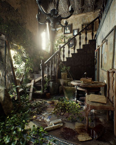 ArtStation - Unreal Engine 4.25 Raytrace Old abandoned mansion environment, Pasquale Scionti Horror Mansion, Old Staircase, Environment Photography, Apocalypse World, Episode Backgrounds, Old Mansion, Abandoned Mansion, Old Manor, Old Mansions