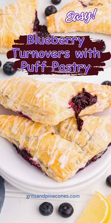 Try these easy, fresh blueberry turnovers with puff pastry for breakfast or brunch! This recipe features buttery, flakey puff pastry around a delicious fresh blueberry filling. Blueberry turnovers make a tasty breakfast treat, and they are also great for a snack, dessert, or even packing in a lunchbox! Puff Pastry With Blueberries, Blueberry And Puff Pastry Recipes, Berry Turnovers Puff Pastries, Ideas For Puff Pastry, Blueberry Turnovers Puff Pastries, Puff Pastry Blueberry Recipes, Blueberry Puff Pastry Recipes, Blueberry Cream Cheese Puff Pastry, Mini Turnovers