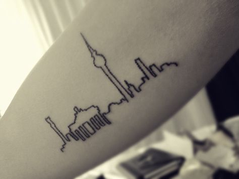 Berlin Skyline Tattoo City Skyline Tattoo, Germany Tattoo, Skyline Tattoo, Berlin Skyline, Berlin Tattoo, Unique Tattoos For Men, Tattoo Diy, Free Tattoo Designs, Sak Yant Tattoo