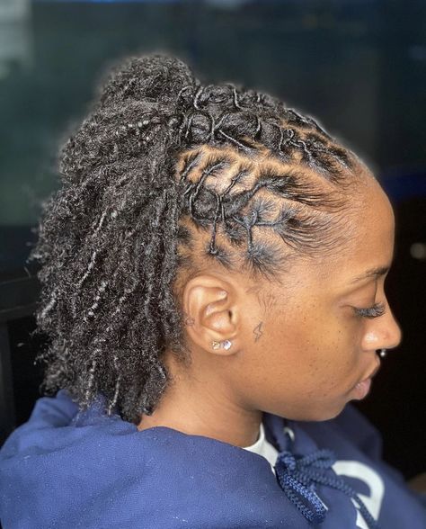 Loc Styles For Girls Locks, Styles With Short Locs, Short Locs Retwist Hairstyles, Styles For Short Dreads For Women, Locstyles Women Short, Loc Style Short Hair, Retwist Styles For Medium Locs, Hairstyle For Short Locs Black Women, Half Up Half Down Loc Styles Short