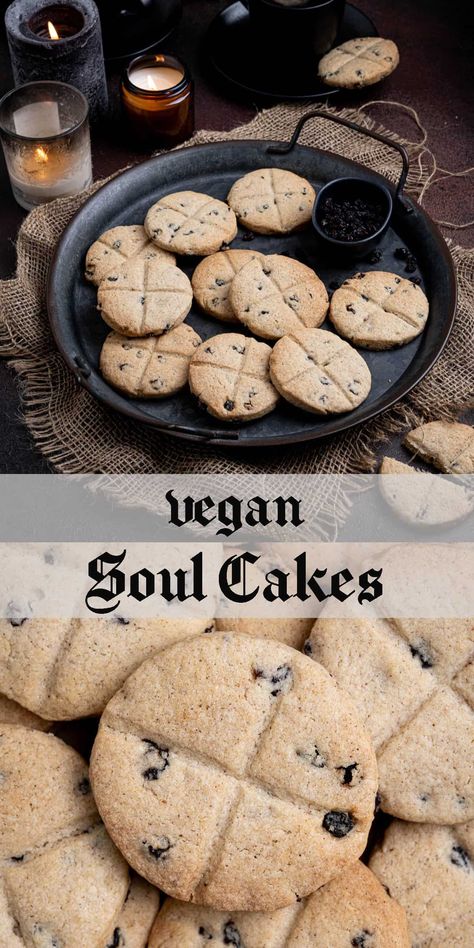 Vegan soul cakes - these delicious little spiced cakes/biscuits are a traditional British treat dating from medieval times. They were originally baked for All Hallow's Eve, All Saint's Day and All Soul's Day to commemorate the dead.

They are somewhere between a shortbread biscuit and a scone, have a warmly spiced flavour, are studded with currants and decorated with a cross. Vegan Soul Cakes, Vegan Yule Recipes, All Saints Day Food Ideas, Pagan Cookies, Medieval Desserts, Soul Cakes, Vegan Bakes, Halloween Cake Recipes, Soul Cake