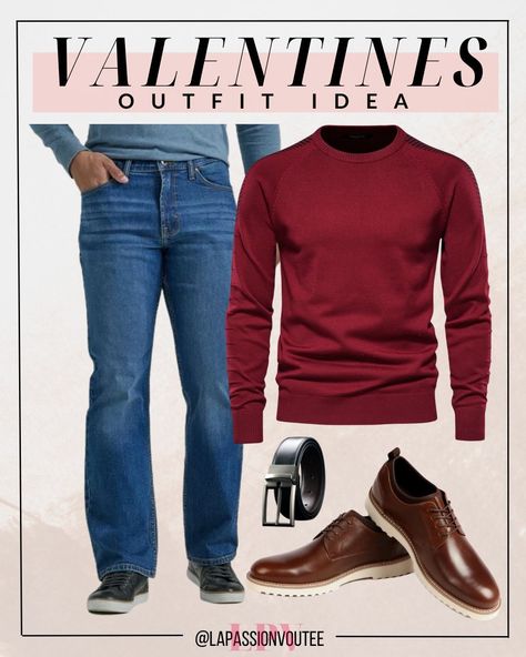 Embrace casual allure this Valentine's Day in a vibrant red pullover sweater paired with classic denim jeans. Cinch it together with a stylish belt, and step into the scene with flair in faux leather shoes. Effortlessly cool and ready for a memorable celebration. valentines day outfits | casual outfits for men | valentines outfits black men | valentines day gift Day Outfits Casual, Outfits Black Men, Valentines Day Outfits Casual, Stylish Outfits For Men, Casual Outfits For Men, Beyonce Concert Outfit, Date Night Outfit Romantic, Valentines Day Outfits, Men Valentines