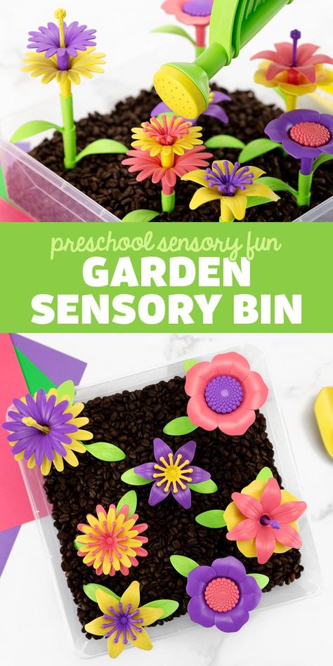 Flower Sensory Bin Preschool, Mother’s Day Sensory Bins, Gardening Sensory Bin Preschool, Pie Day Activities Preschool, Spring Themed Sensory Bin, Garden Sensory Bin Preschool, Gardening Sensory Bin, Flower Sensory Bin, Preschool Flowers