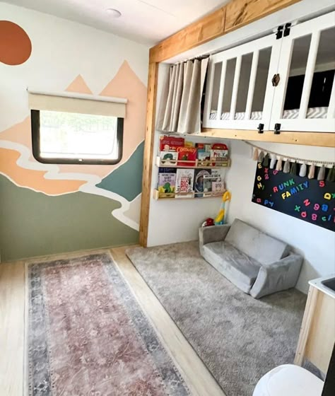 Camper Bunks Remodel, Rv Toddler Bed Ideas, Rv Bunkhouse Remodel Kids, Bunkhouse Travel Trailer Remodel, Rv Kids Room Ideas, Camper Nursery Ideas, Camper Bunk Room, Camper Bunkhouse Remodel, Rv Bunk Room Remodel