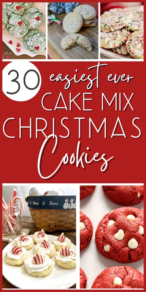 Easy Christmas cookies - all made from cake mix! These are perfect for Christmas parties, to make in bulk, Christmas Cookie exchanges, and teacher gifts! Christmas Cake Mix Cookie Bars, Boxed Cake Mix Christmas Cookies, Christmas Cookies Cake Mix Recipes, Cake Mix Shortbread Cookies, Recipe For Christmas Cookies, Favorite Christmas Cookies Recipes, Cookies With Cake Mix Easy, Betty Crocker Sugar Cookie Mix Recipes, Christmas Cake Cookies