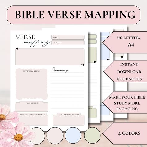 Unlock the deeper meaning of scripture! This printable verse mapping template guides you through a step-by-step process to analyze and reflect on the Bible, fostering a richer understanding of God's Word. Perfect for your very own Bible Tracker, as Sunday School tool or a prayer/Bible study journal. Info: This is a printable digital download that can also be used on Goodnotes. This template may not be used for resale. Bible Mapping For Beginners, Bible Mapping Free Printable, Bible Mapping Templates, Free Verse Mapping Printables, James Method Verse Mapping Template Free, Hear Bible Study Method Printable, Bible Verse Mapping Template, Bible Tracker, Bible Verse Mapping