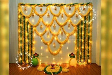 Backdrop Decoration Haldi Decoration Ideas Backdrops, Haldi Decoration Ideas, Ganpati Decoration Theme, Haldi Decoration, Ganesh Chaturthi Decoration, Simple Stage Decorations, Home Flower Decor, Ganpati Decoration At Home, Janmashtami Decoration