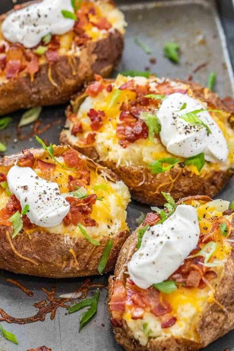 The BEST Twice Baked Potato Recipe. Baked potatoes that are crispy on the outside and loaded with cheese, bacon, and green onion and baked again. Stuffed Loaded Baked Potato, Only Baked Potatoes, Potato With Cheese And Bacon, Best Stuffed Baked Potatoes, Stuffed Baked Potato Dinner Ideas, Oven Baked Loaded Potatoes, Baked Potato With Cream Cheese, Healthy Jacket Potato, Twice Baked Stuffed Potatoes