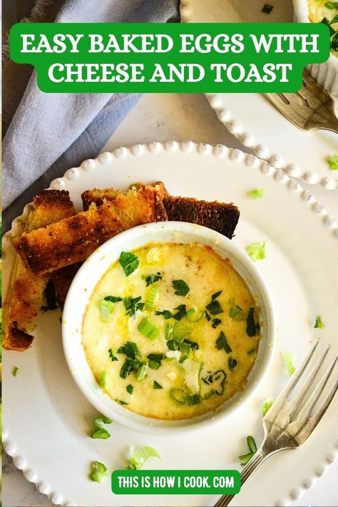 Easy baked eggs en cocotte are a decadent way to start the day, Made in individual ramekins, these eggs can be customized in so many ways! # Baked Eggs Ramekin, Egg Bake In Ramekin, Baked Eggs In Ramekins, Ramekin Breakfast, Ramekin Recipe, Cocotte Recipe, Cottage Cheese Eggs, Egg Omelet, Recipe Cover