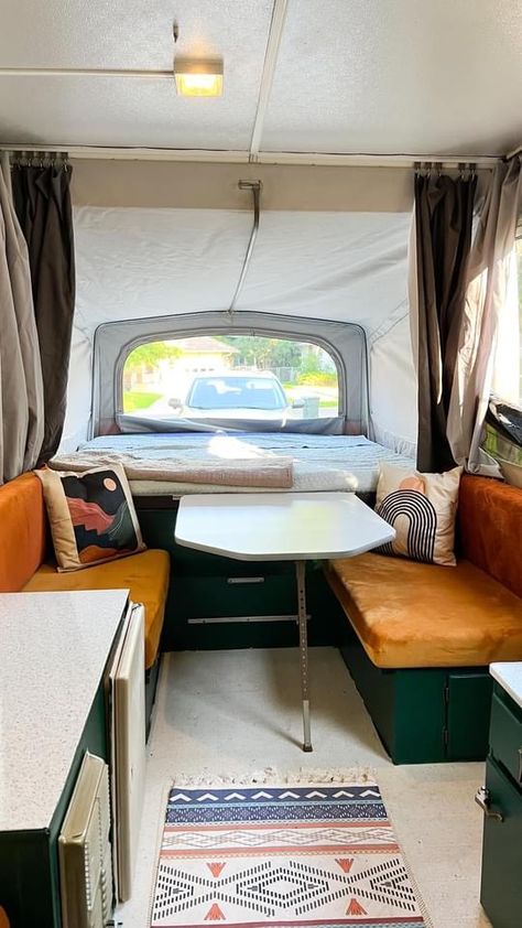 Pop Up Camper Green Cabinets, Pop Up Camper Remodel Green, Green Cabinets Camper, Green Pop Up Camper Interior, Pop Up Camper Interior Design, Tv In Pop Up Camper, Pop Up Camper Renovation Diy, Retro Pop Up Camper, Green Camper Cabinets