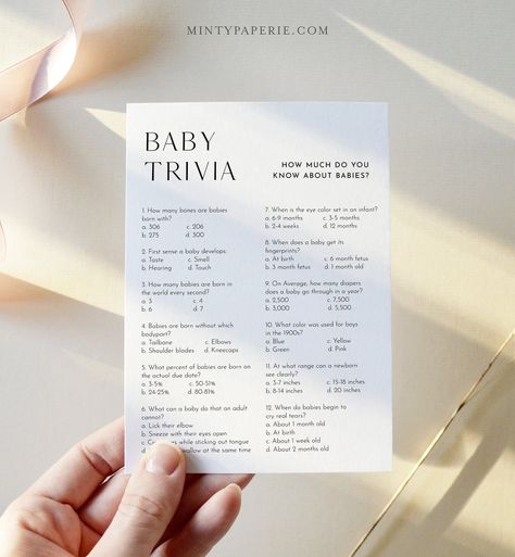 This Banners & Signs item by MintyPaperieShop has 367 favorites from Etsy shoppers. Ships from United States. Listed on May 18, 2024 Baby Shower Trivia Game, Baby Trivia Game, Baby Shower Trivia, Baby Trivia, Baby Shower Gender Neutral, Baby Shower Party Games, Baby Facts, Minimalist Baby, Trivia Game