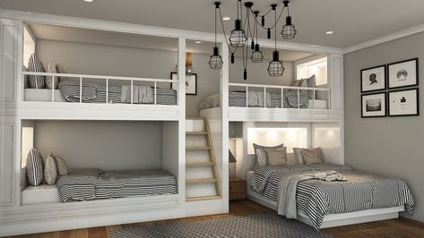 All summer slumber parties need a space like this! Another amazing PB rendering of custom made bunk beds. Day Bed Bunk Bed, Custom Bunk Room, Built In Bunks With Stairs, Custom Built Bunk Beds, Beach Bunk Beds, Bunk Room Playroom, Multiple Beds In One Room Layout, 2 Bunk Beds In One Room, 4 Bunk Beds In One Room