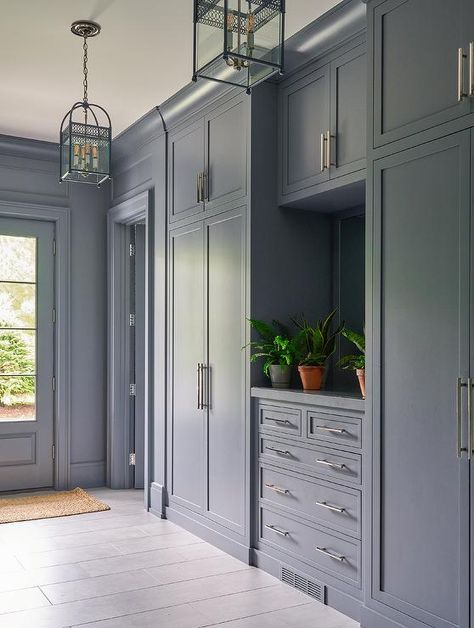 Light Blue Mudroom Cabinets, Gray Mudroom Cabinets, Light Blue Mudroom, Blue Mudroom Cabinets, Transitional Mudroom, Blue Mudroom, Blue Beadboard, Basement Redesign, Beadboard Trim