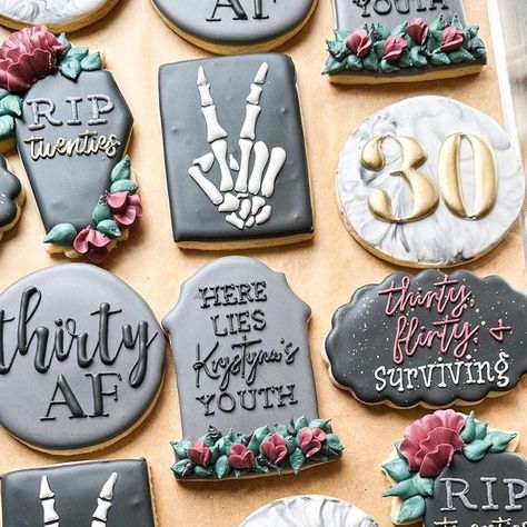 Rip Cookies Decorated, Thirtieth Birthday Cookies, Rip 30s Cookies, Dirty 30 Cookies Women, Rip 20s Birthday Cookies, 30th Cookies Birthday For Women, 30th Birthday Decorated Cookies, Cookies For 30th Birthday, Thirty Birthday Cookies