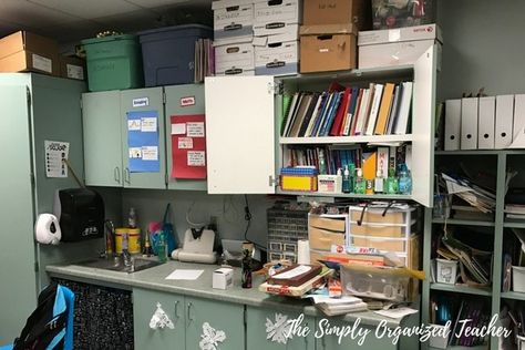 Classroom Makeover: How to clean out, organize, and arrange your classroom. Cabinet Classroom Decor, Classroom Cabinet Makeover, How To Store Chromebooks In A Classroom, Chromebook Classroom Storage, Organize Chromebooks In Classroom, Classroom Cabinets, Classroom Copies Organization, Math Center Organization, Center Organization