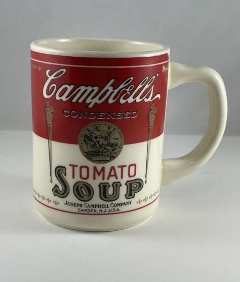 "Vintage collectible 1970s Campbells tomato soup coffee cup measuring 3.75\" tall by 2.75\" wide.    The mug is fun cream & red Campbells tomato soup can print, with the company name and logo.  This 1970s coffee cup is a great addition for anyones breakfast coffee or to a Campbells soup collection or a gift to a collector." Campbells Tomato Soup, Campbell's Tomato Soup, Campbells Soup, Condensed Tomato Soup, Pinch Pot, Campbell Soup, Coffee Breakfast, Soup Mugs, Ceramic Set