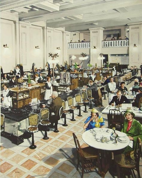 This is an illustration of what the interior of the Harvey house situated within Kansas City‘s union station might have looked like in the 1930s. It shows customers and employees looking up as if there was a photographer near the top of the high ceiling…It shows the lunch counter and several tables. Harvey House, Harvey Girls, Open Hotel, Girl Film, Train Stations, Concession Stand, Girl Movies, Head Office, Union Station