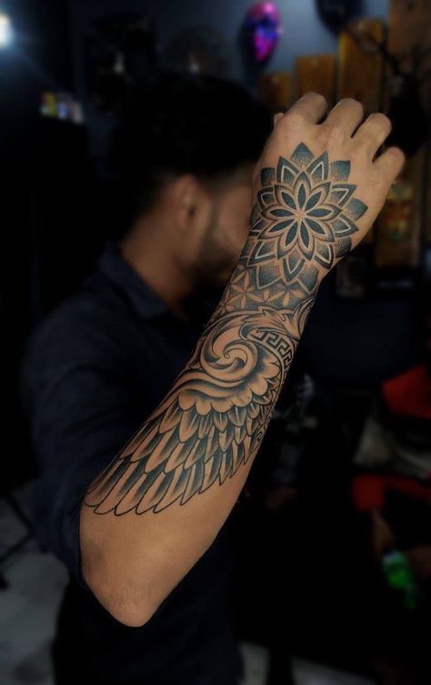 Growth Tattoos, Forearm Mandala Tattoo, Mandala Arm Tattoos, Mandala Tattoo Men, Mandala Tattoo Designs, Wing Tattoo Men, Meaning Tattoos, Full Hand Tattoo, Tattoos Butterfly