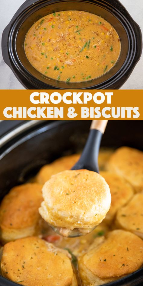 Crockpot Chicken and Biscuits - tender chicken and colorful mixed veggies simmered in a creamy seasoned sauce with buttery biscuits baked right on top. Crockpot Chicken Biscuits And Gravy, Chicken And Biscuit Casserole Crockpot, Crockpot Chicken Biscuits, Chicken And Biscuits Crockpot Easy, Crockpot Chicken And Busicuts, Chicken Chunks Recipe Crockpot, Biscuits In The Crockpot, Chicken And Biscuit Crockpot, Chicken And Busicuts Recipe Crockpot