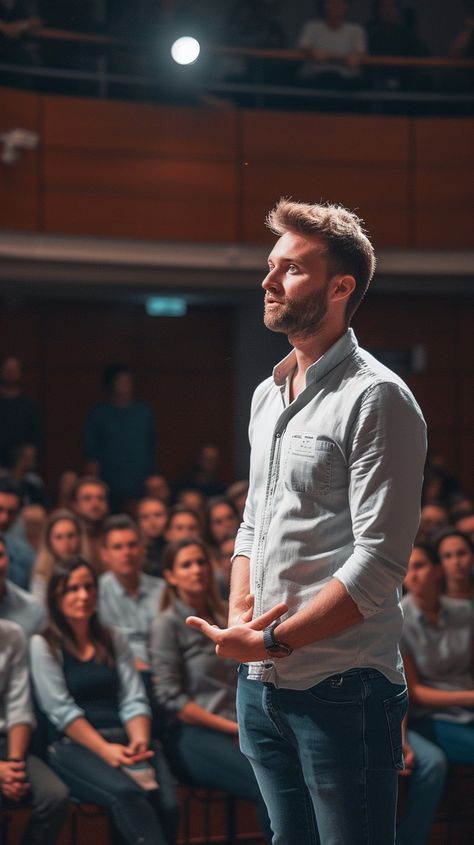 Confident Public Speaker: An engaging speaker delivers a presentation to an attentive audience in a formal auditorium setting. #speaker #audience #presentation #auditorium #public speaking #conference #stage #event #aiart #aiphoto #stockcake https://ayr.app/l/ZMJ2 Public Speaking Confidence, Seminar Photography, Event Photography Ideas, Speaker Photography, Speaking On Stage, Conference Stage, Conference Photography, Future Board, Corporate Event Design