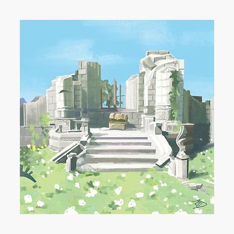 Painted study #2 in an illustrated journey through beautiful Breath of the Wild locations. This sweet little treasure chest rests in one of the smaller crumbling and overgrown ruins by the Temple of Time 🍃 Ruin Illustrations, Ruined Temple Concept Art, Castle Ruins Concept Art, Totk Landscapes, Overgrown Illustration, Temple Ruins Art, Ruins Reference, Ruins Concept Art, Ruins Illustration