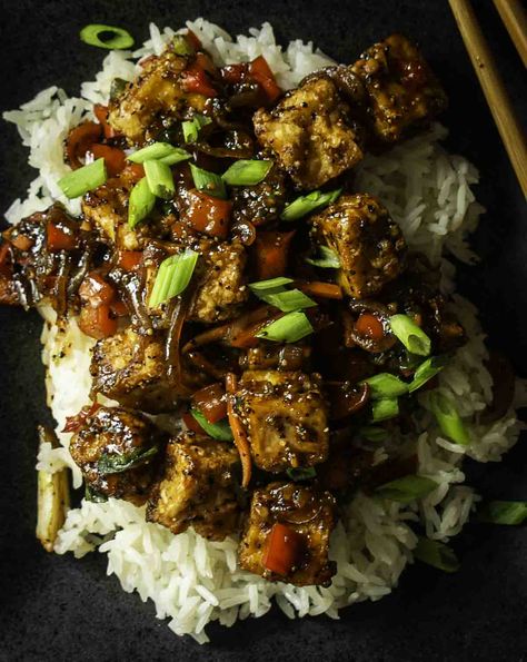 Vegan Black Pepper Tofu Recipe - Shane & Simple Tofu Bell Pepper Stir Fry, Pepper Tofu Recipe, Black Pepper Tofu, Pepper Tofu, Plant Recipes, Tofu Steak, Cooking Tofu, Tofu Recipes Vegan, Seasoned Rice Vinegar