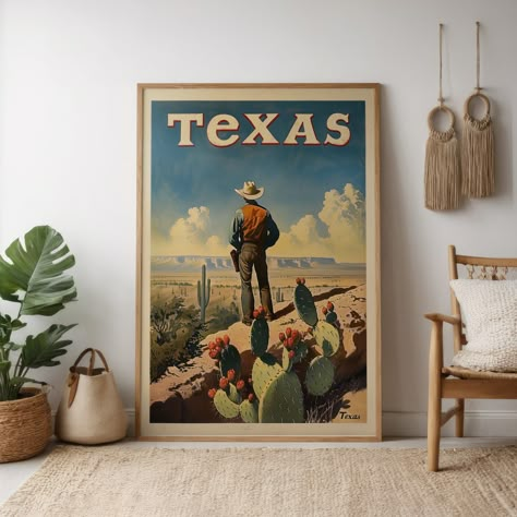 Celebrate the iconic imagery of the Lone Star State with this retro style travel poster depicting a rugged cowboy overlooking a desert landscape in a striking natural color palette.  Printed on premium matte museum-grade paper (175gsm fine art paper) using top-tier pigmented archival inks, this print will maintain its rich tones and detail for years to come. It arrives ready to frame in your desired size. Frame not included Made with museum-grade archival paper (175gsm) for excellent printing fi Cowboy Art Western, Texas Artwork, Vintage Western Decor, Texas Poster, Western Wall Decor, Western Posters, Texas Wall Art, Texas Decor, Cowboy Decorations