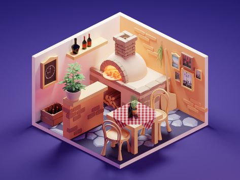 Pizza Place by Roman Klčo on Dribbble Isometric Rooms, Isometric Room, Blender Art, Pizza House, Cute Pizza, 3d Isometric, 3d Room, 3d Blender, 3d House