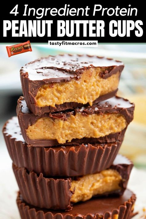 Easy 4 Ingredient Peanut Butter Cups (Protein Recipe) | Tasty Fit Macros Protein Peanut Butter Cups, Low Calorie Peanut Butter, Peanut Butter Powder Recipes, Healthy Protein Desserts, High Protein Peanut Butter, Protein Peanut Butter, Healthy High Protein Snacks, Healthy Peanut Butter Cups, Peanut Butter Cups Recipe